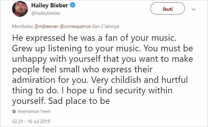 Hailey Baldwin Semprot Vokalis Tool Gara-Gara Hina Justin Bieber