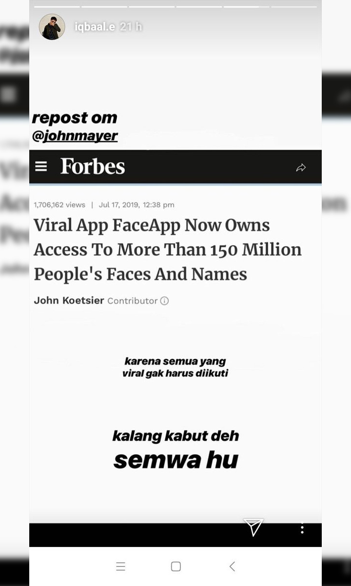 FaceApp Diduga Berbahaya, Iqbaal Tulis Sindiran Menohok Untuk \'Korban\' Tren Age Challenge