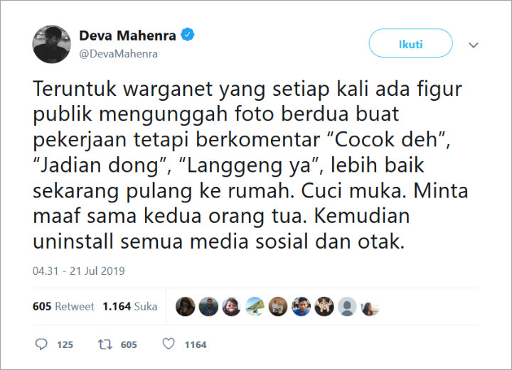 Cuitan Deva Mahenra di Twitter
