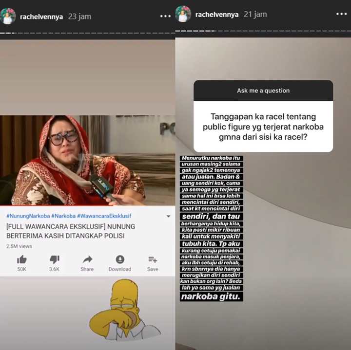 InstaStory Rachel Vennya Soal Public Figure Pakai Narkoba