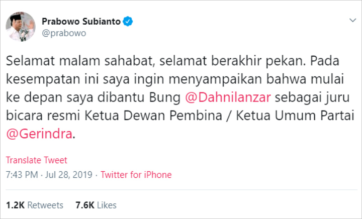 Prabowo Tunjuk Dahnil Anzar Jadi Jubir Resmi Ketum Gerindra