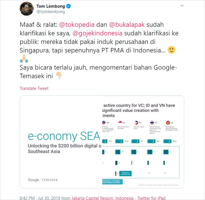 Ralat Pernyataan, Kepala BKPM Minta Maaf Sebut 4 Unicorn Indonesia Milik Singapura