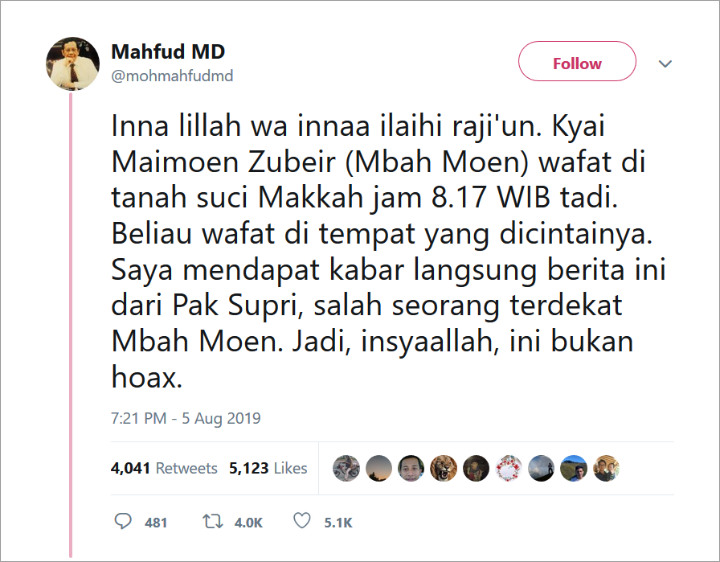 Mahfud MD Berduka Mbah Moen Tutup Usia: Beliau Wafat di Tempat yang Dicintainya