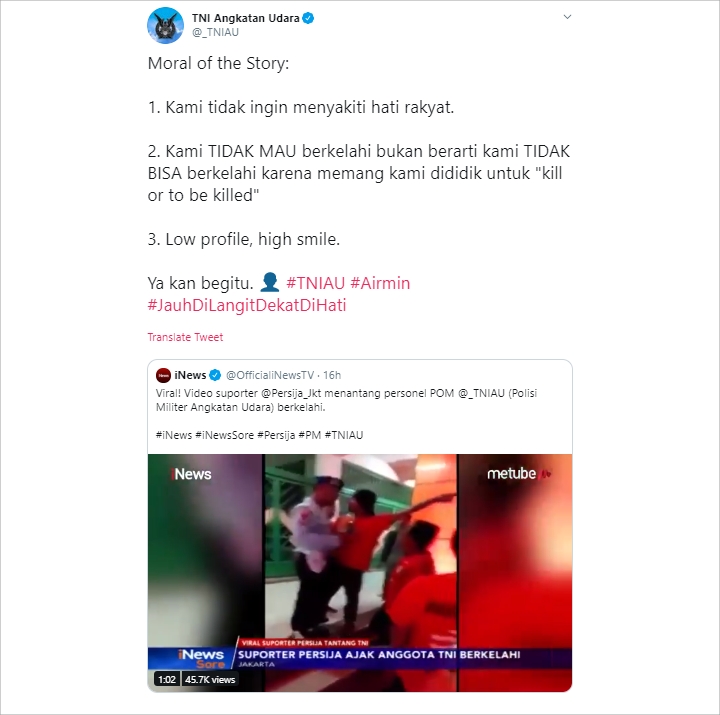 Viral Supporter Persija Tantang Aparat, Respons Adem TNI-AU Banjir Pujian