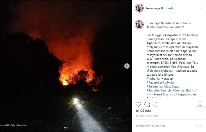 Luna Maya Minta Presiden Jokowi Perhatikan Kebakaran Hutan di Jambi