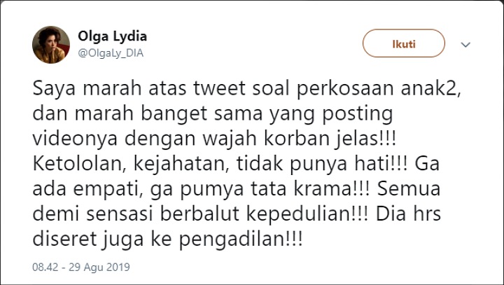 Tanggapan Olga Lydia Soal Video Viral Korban Pemerkosaan