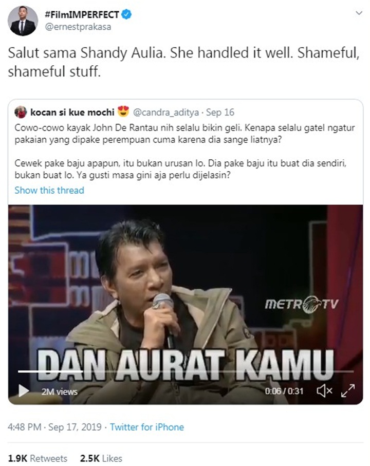 Ernest Prakasa Puji Sikap Shandy Aulia Saat \'Diserang\' John De Rantau Soal Penampilan Seksi