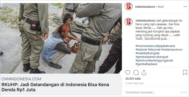 Melanie Subono Kritik Pasal RKUHP Soal Denda Gelandangan, Sindir Koruptor yang \'Dilindungi\'