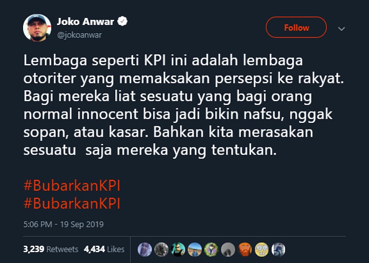 Joko Anwar Sebut Lembaga KPI Telah Bersikap Otoriter