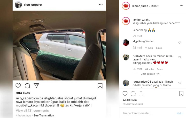 Rico Ceper Jadi Korban Maling Mobil