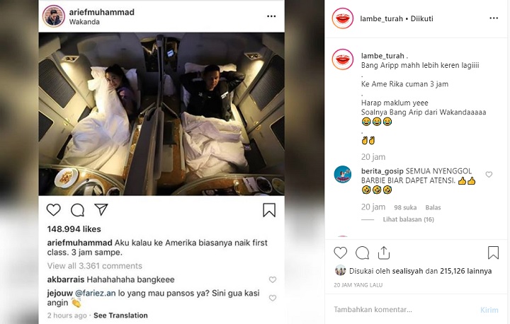 Sindiran Arief Muhammad di Instagram Lambe Turah