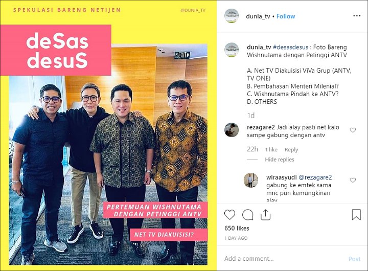 Beredar Isu NET TV Bakal Diakuisisi VIVA Grup Gara-Gara Unggahan Wishnutama Ini