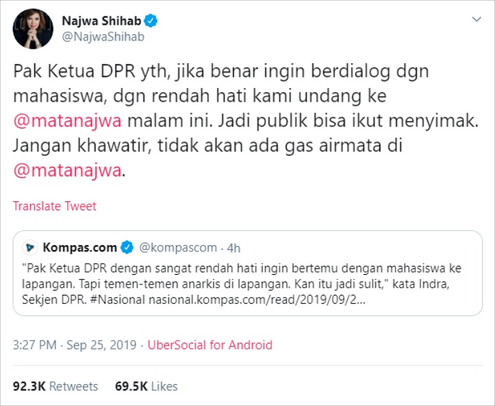 DPR Klaim Ingin Berdialog dengan Mahasiswa, Najwa Shihab Tawarkan Opsi Ini