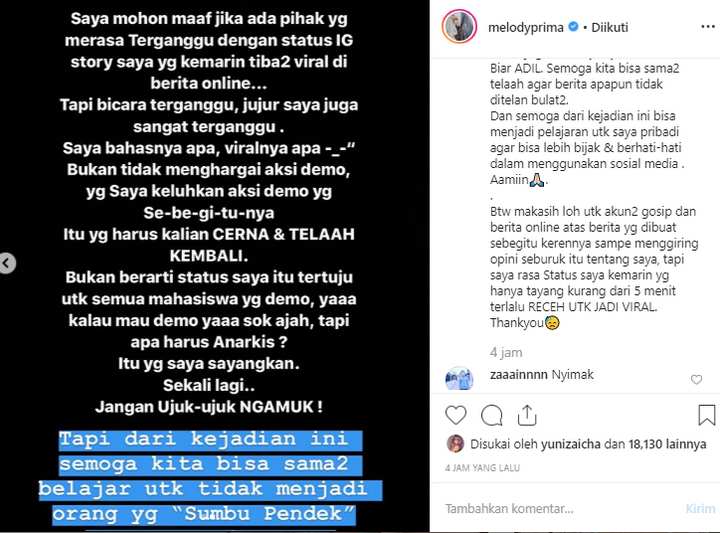 melody Prima Minta Maaf Usai Nyinyir Demo Mahasiswa