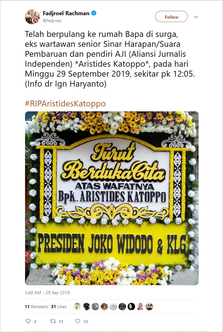 Jurnalis Senior Sekaligus Pendiri AJI Aristides Katoppo Meninggal Dunia