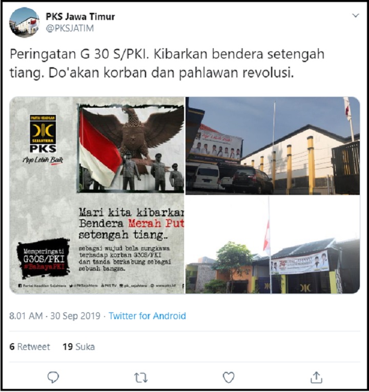 Peringati G30S/PKI, PKS Jatim Kibarkan Bendera Setengah Tiang