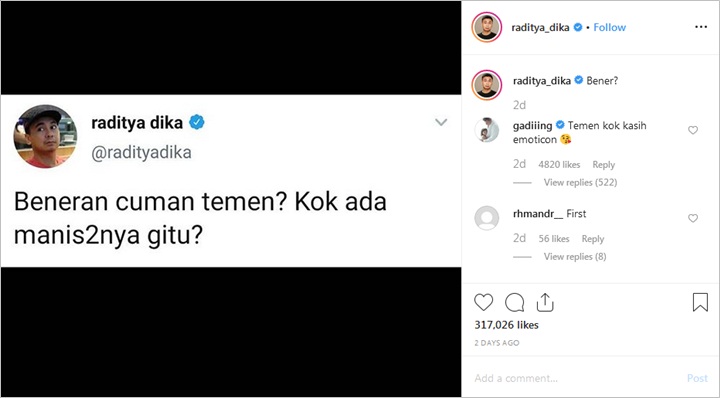 Gading Marten Tulis Komentar Begini di Postingan Raditya Dika, Netter: Curhat Ya Bang?