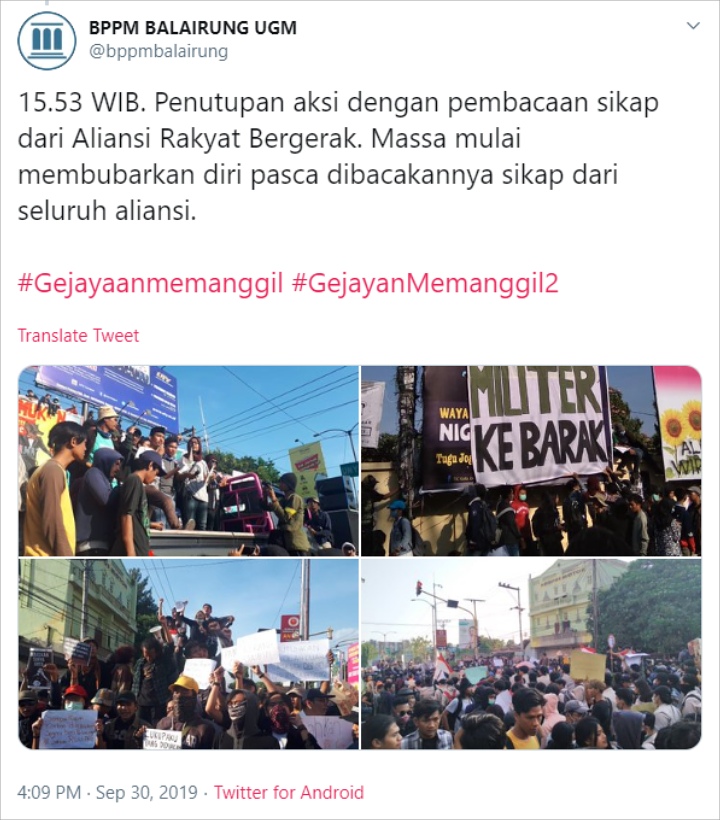 Aspirasi Tersampaikan, Massa #GejayanMemanggil2 Mulai Bubarkan Diri