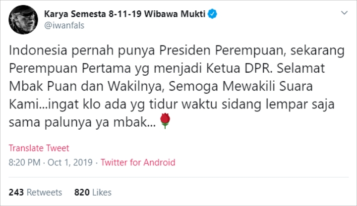 Puan Maharani Jadi Ketua DPR, Iwan Fals Sampaikan Bikin Ngakak Saat Sampaikan Pesan Ini