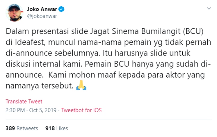 Cuitan Joko Anwar Soal Aktor BCU