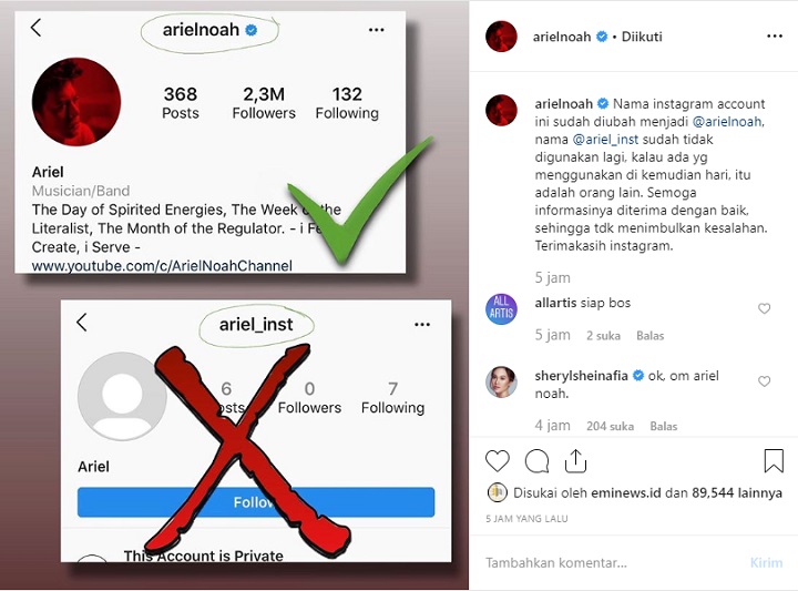 Ariel NOAH ganti Instagram
