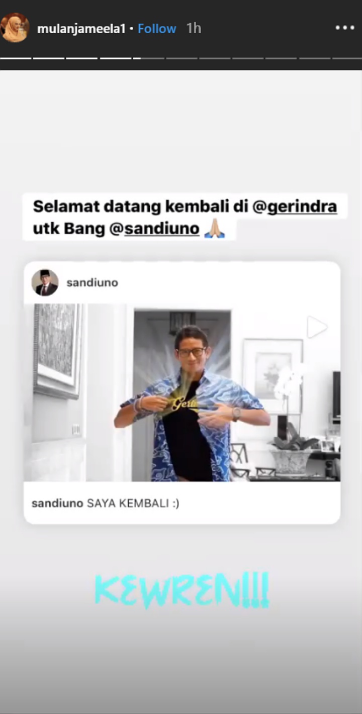 Begini Sambutan Mulan Jameela Untuk Kembalinya Sandiaga Uno Ke Gerindra