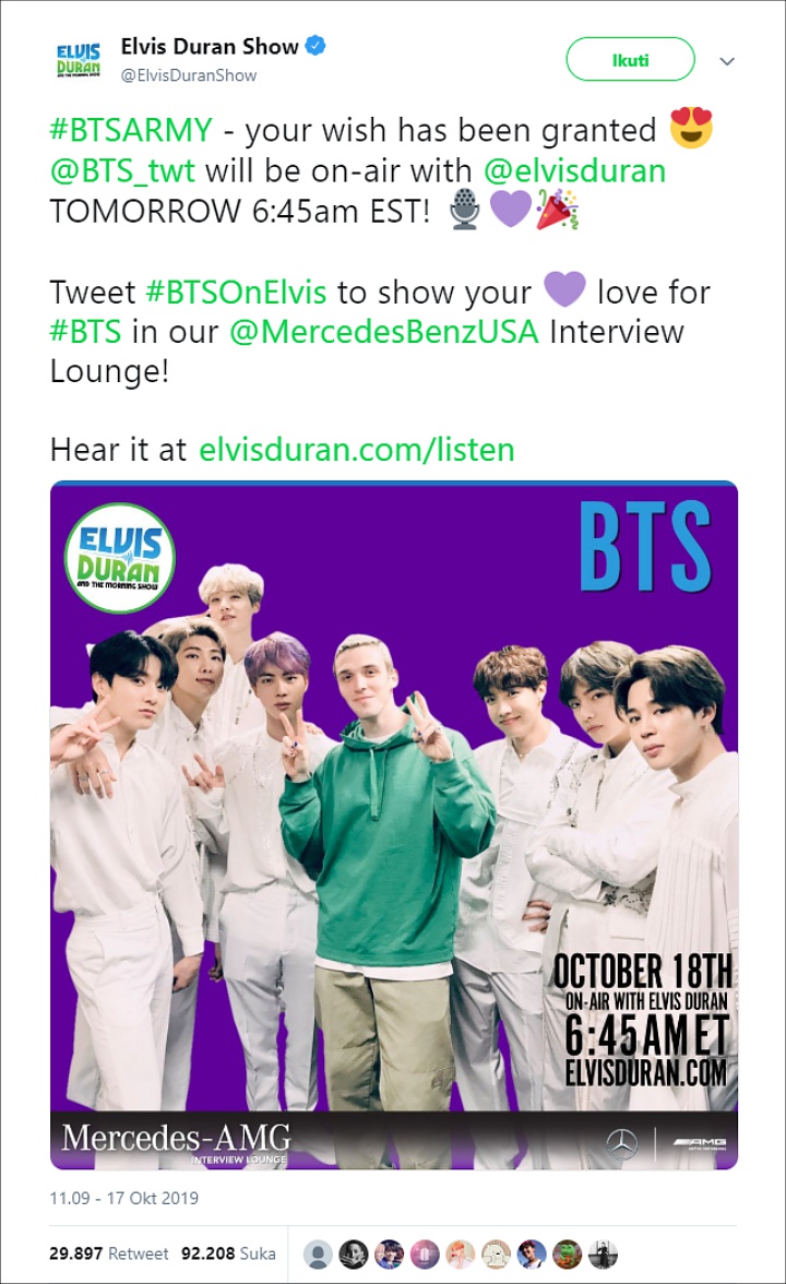 BTS Bakal Tampil Di \'Elvis Duran Show\' Untuk Promosikan \'Make It Right\' Kolaborasi Bareng Lauv