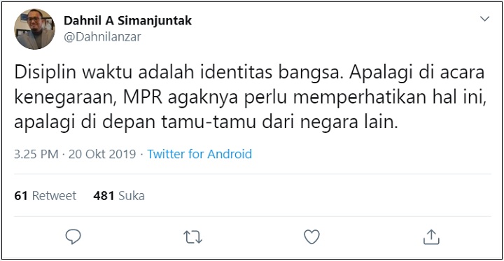 Pelantikan Molor 1 Jam, Dahnil Anzar Beri Kritikan Pedas