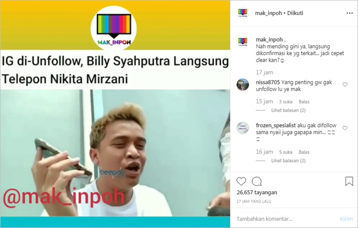 Nikita Mirzani Bantah Unfollow Billy Syahputra, Tegaskan Hanya \'Hempas\' Teman yang Hobi Settingan