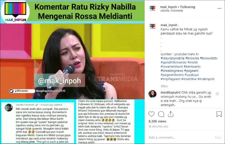 Gandhi Fernando Sebut Ratu Rizky Nabila Numpang Pansos Saat Komentari Soal Meldi