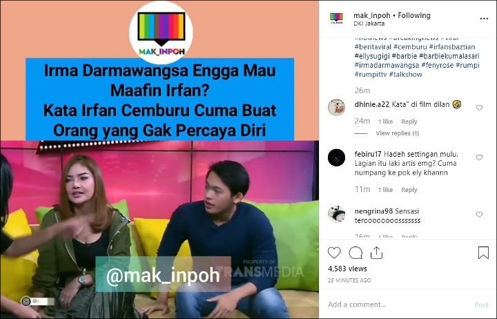 Irfan Sindir Irma Darmawangsa Tak Percaya Diri Karena Cemburu Dengan Barbie Kumalasari