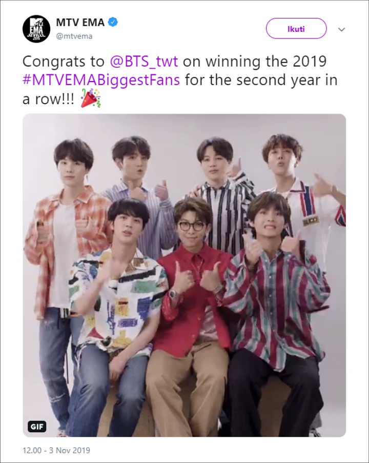 MTV Europe Music Awards 2019: BTS Sabet Dua Penghargaan, Kalahkan Shawn Mendes Hingga Ariana Grande