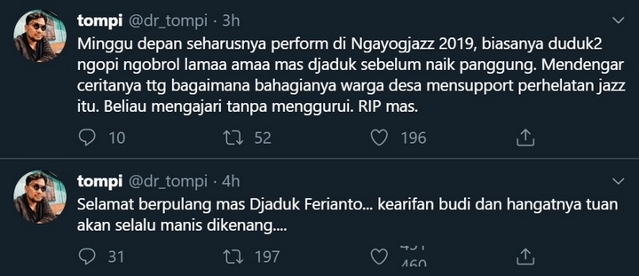 Seniman Djaduk Ferianto Meninggal Dunia, Tompi Turut Berduka