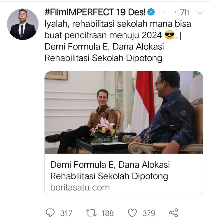 Cuitan Ernest Prakasa Soal Pemangkasan Dana Rehabilitasi Sekolah Pemprov DKI Jakarta