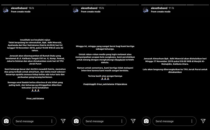 Ayahanda Satrio Meninggal, Band Alexa Unggah Postingan Duka Serba Hitam