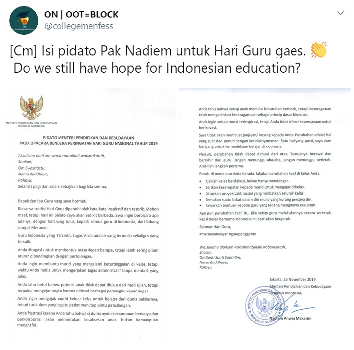 Viral Pidato Menyentuh Nadiem Makarim Untuk Guru, Warganet Kompak \'Menangis\'
