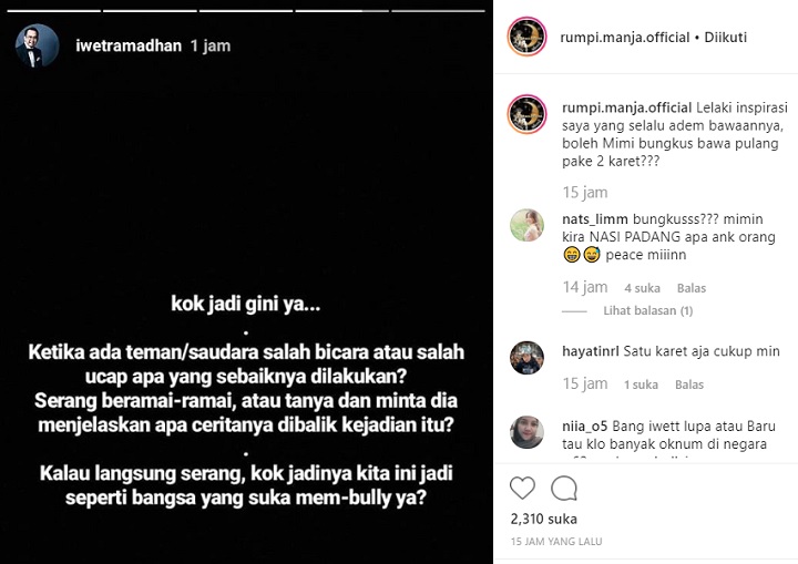 InstaStory Iwet Ramadhan Soal Kontroversi Pernyataan Agnez Mo