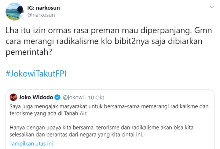 Izin FPI Bakal Diperpanjang, Tagar <a href='https://jambi.tribunnews.com/tag/jokowitakutfpi' title='#JokowiTakutFPI'>#JokowiTakutFPI</a> Puncaki Trending Topic-2