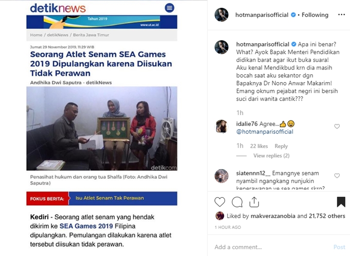 Hotman Paris Sentil Nadiem Makarim Soal Atlet SEA Games Dipulangkan Karena Isu Tak Perawan
