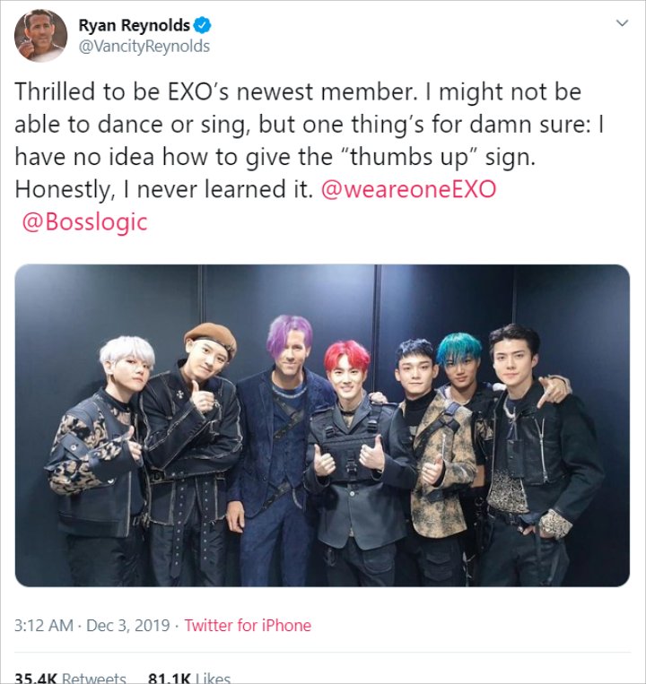 EXO Bahagia Saat Ketemu Ryan Reynolds Yang Malah Ikut Gabung Jadi Member Barunya