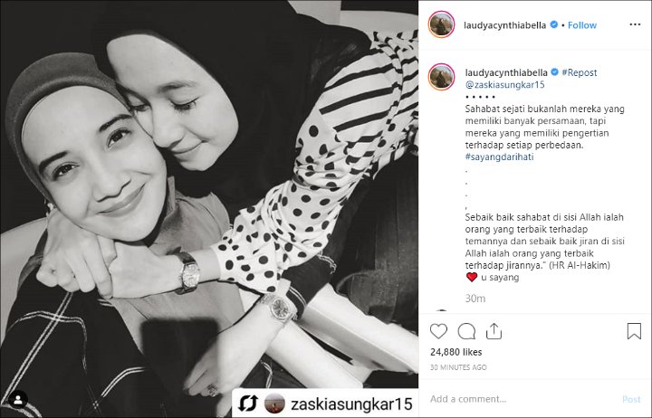 Laudya Cynthia Bella Tulis Pesan Bijak Soal Arti Sahabat Saat Peluk Cium Zaskia Sungkar