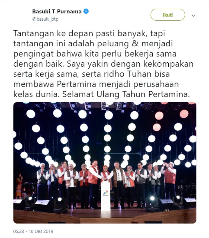 Ahok Optimis Pertamina Bisa Jadi Perusahaan Kelas Dunia, Begini Respon Netizen
