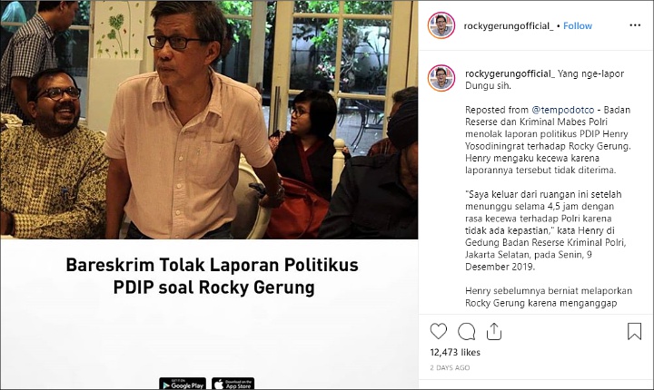 Akun Instagram Bernama Rocky Gerung Dilaporkan Usai Sebut Politisi PDIP Dungu