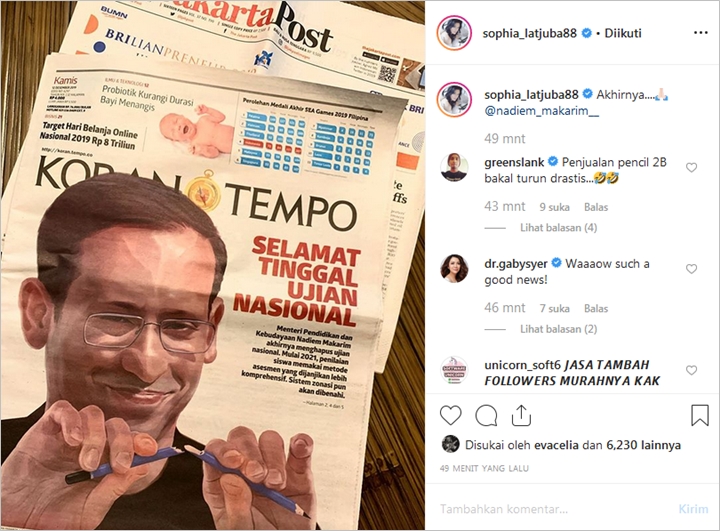 Lega Ujian Nasional Dihapus, Sophia Latjuba Puji Mendikbud Nadiem Makarim \'Terbaik\'