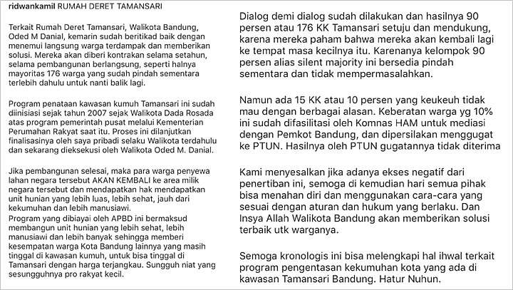 Beberkan Kronologi Penggusuran Tamansari, Ridwan Kamil Langsung Banjir Kritikan