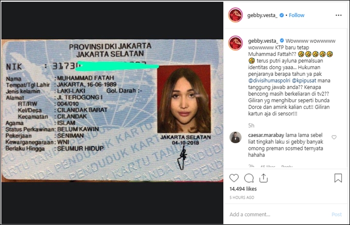 Gebby Vesta Ikut Posting Viral KTP Lucinta Luna, Colek Polri Tanya Hukuman Penjara