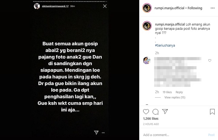 InstaStory Nikita Mirzani Ancam Akun Gosip