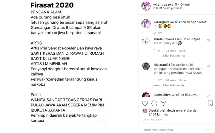Postingan Instagram Wirang Birawa