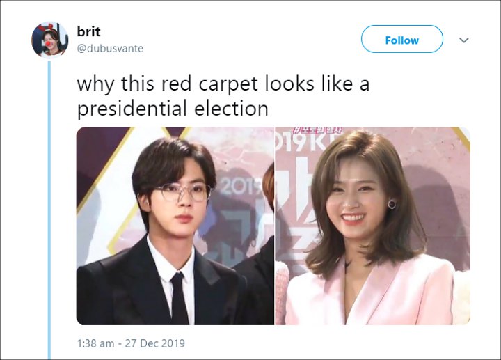 KBS Gayo Daechukje 2019: Dandanan Jin BTS dan Sana Twice Dibilang Mirip Capres