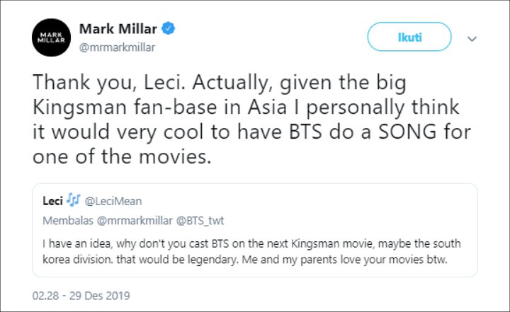 BTS Dilirik Mark Milliar \'Kingsman\' Buat Soundtrack Film Selanjutnya